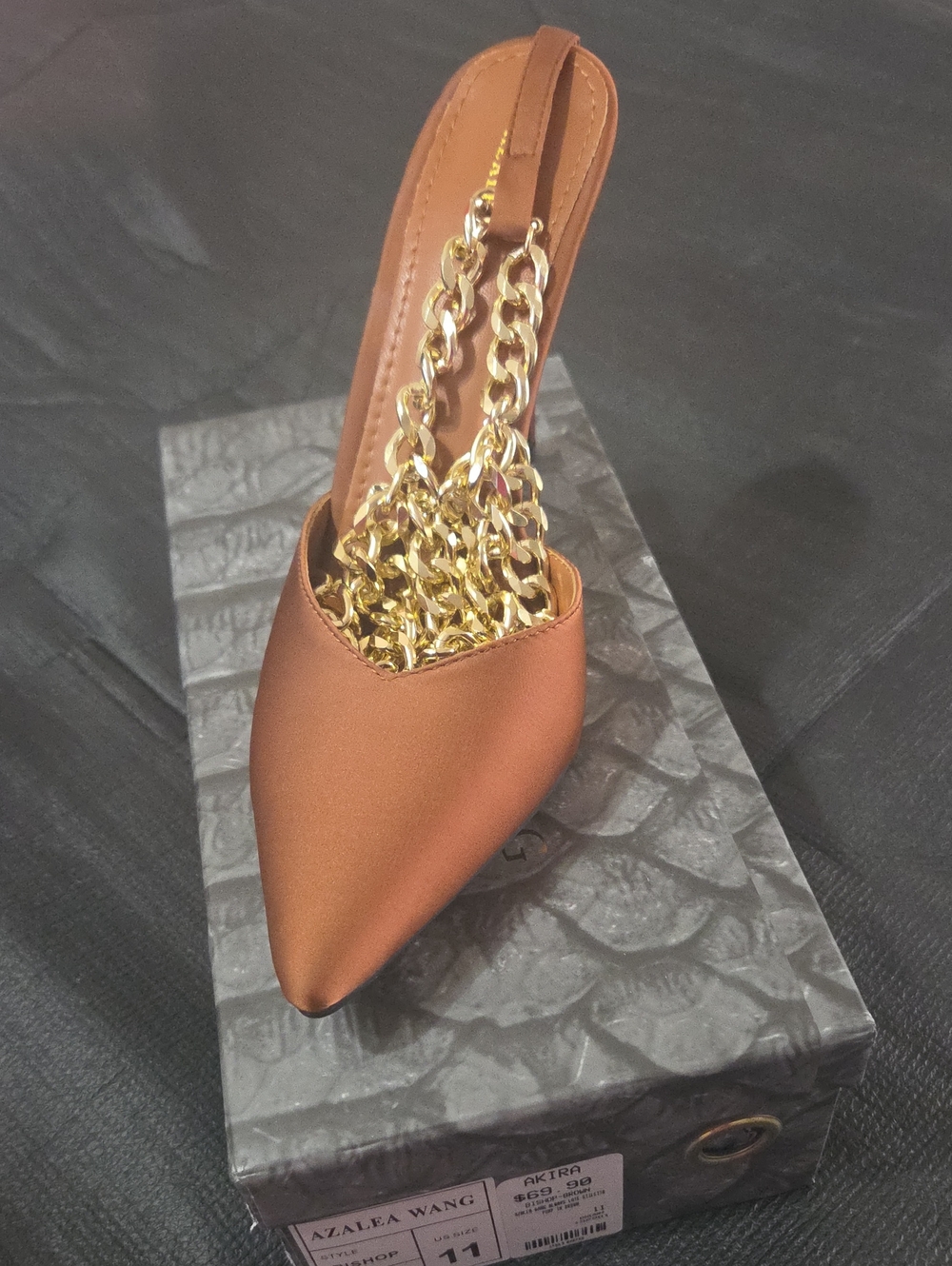 Azalea Wang Brown Pointed Toe Slingback with Gold Chain Detail